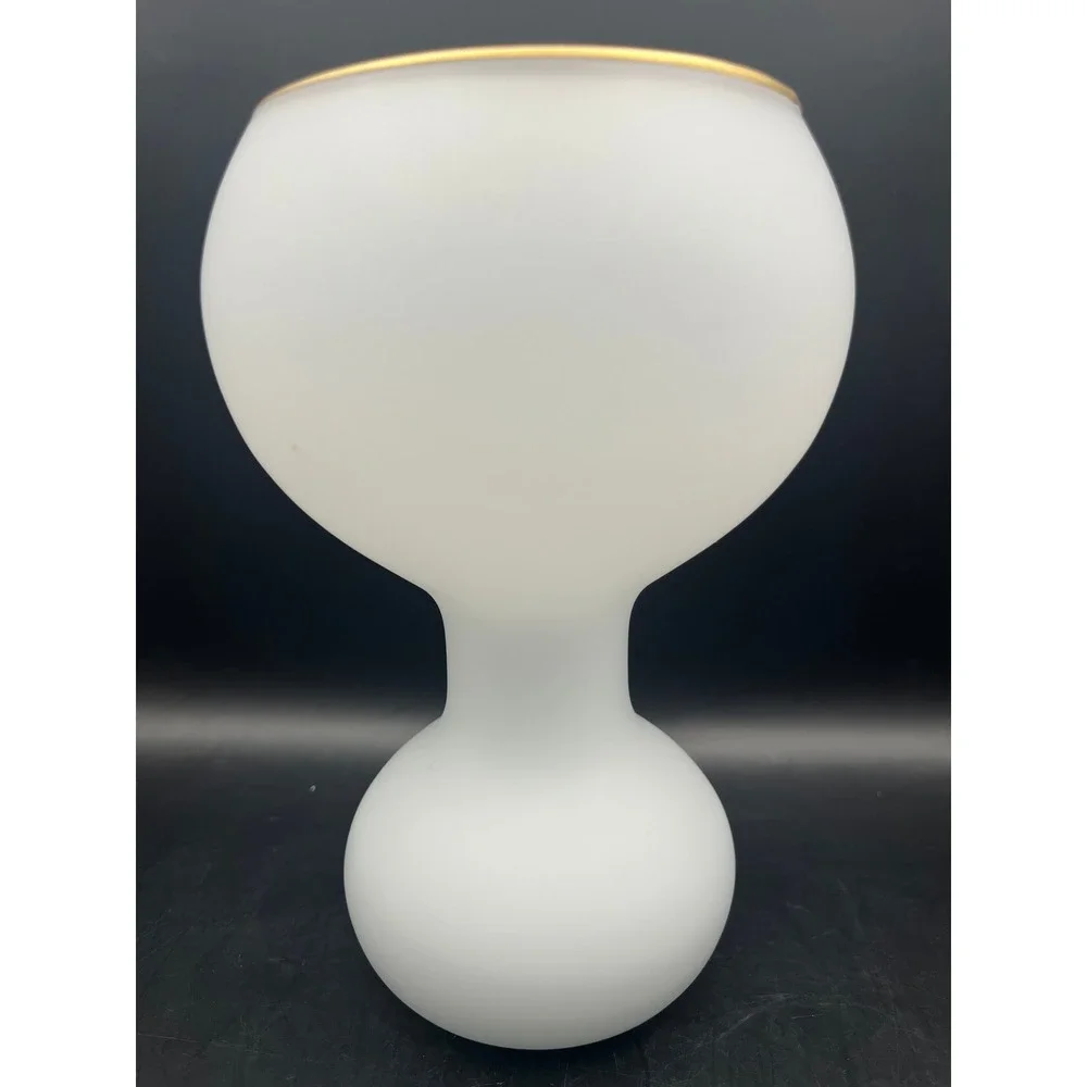 Vtg Opaline Satin Norleans Frosted Glass Vase Gold Trim Bird Pine Painted 7x4.5